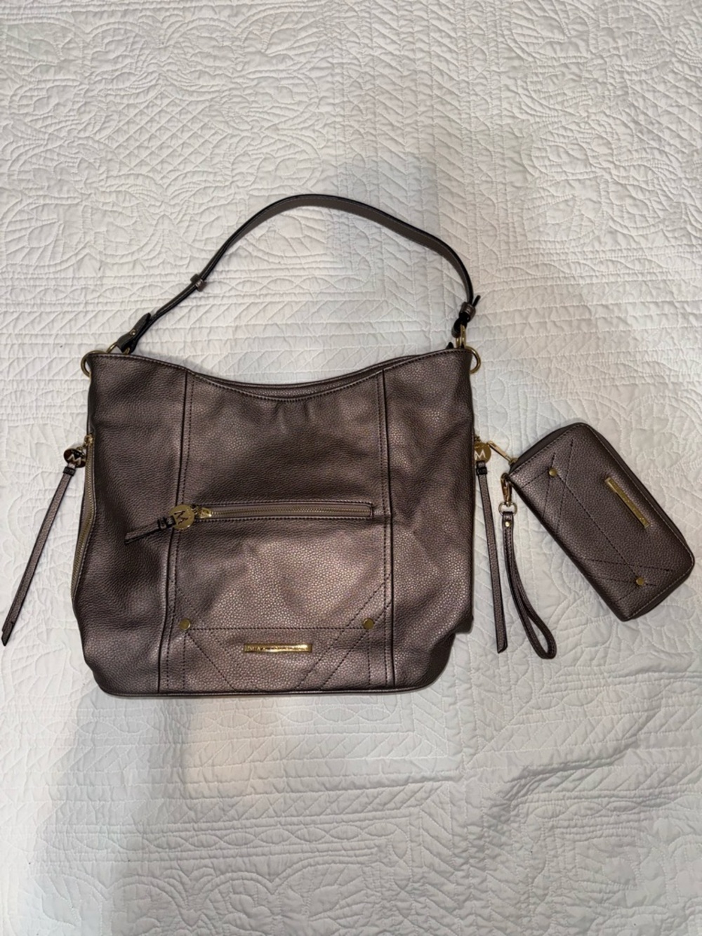 Vegan Leather Shoulder Bag and Wristlet Set in Pewter
